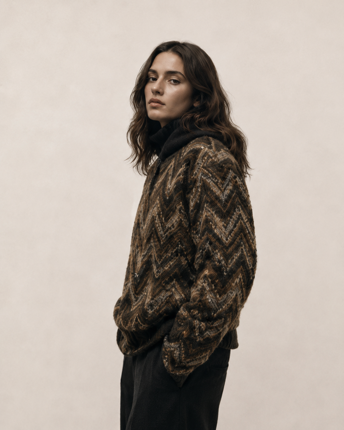 Weibliches Model in braunem Chevron-Strickpullover vor cremefarbenem Studiohintergrund