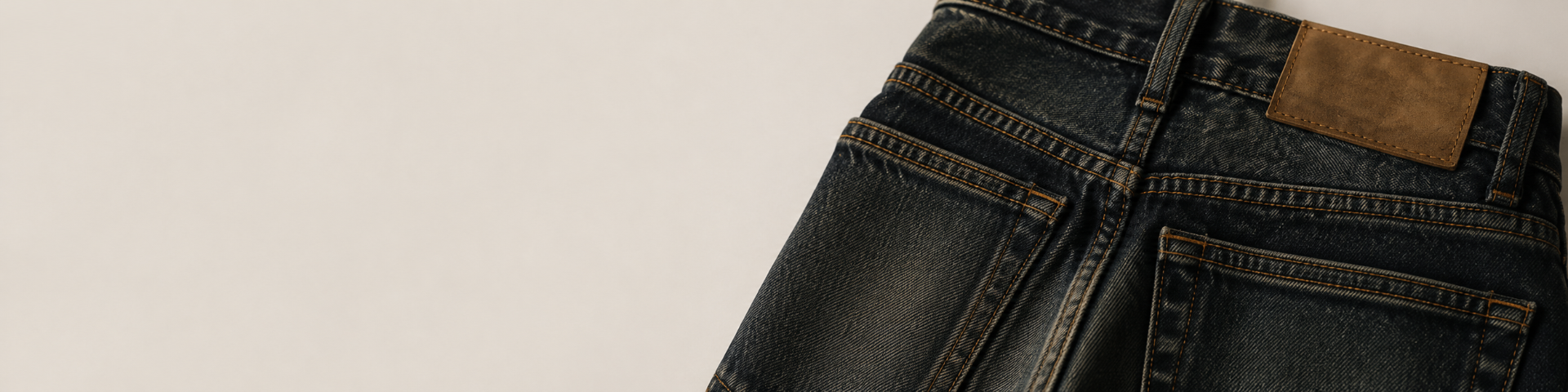 Editorial crop von dunklem Premium Denim mit Lederpatch